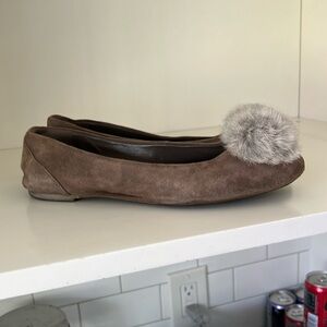 Michael Kors brown suade flats with fur Pom poms